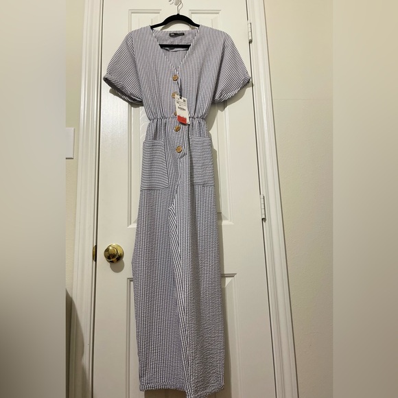 Women Jumpsuit - Zara Brand - Blue & White Stripes - Picture 1 of 7